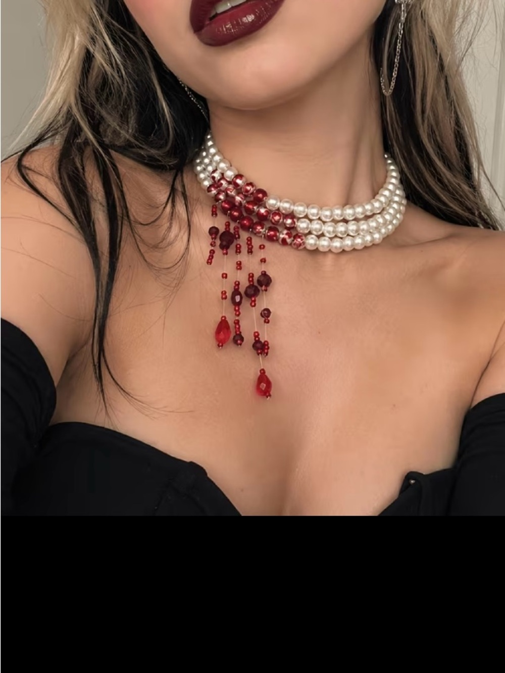 Vampire Bite Pearl and Red Bead Necklace